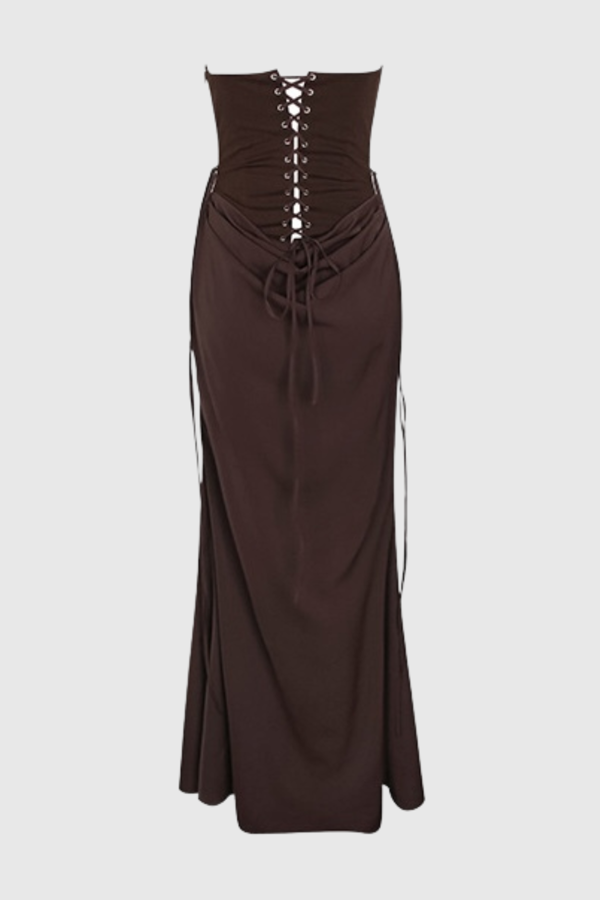 Beatrix Strapless Corset Satin Maxi Dress - Brown Avalabel
