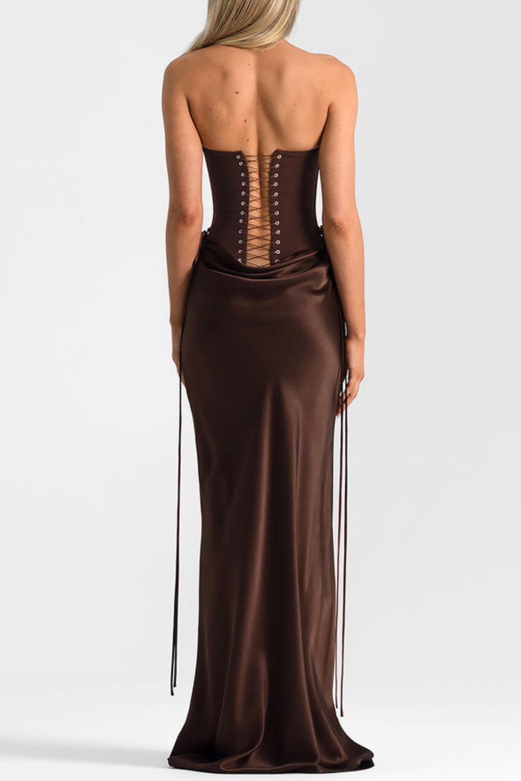 Beatrix Strapless Corset Satin Maxi Dress - Brown Avalabel