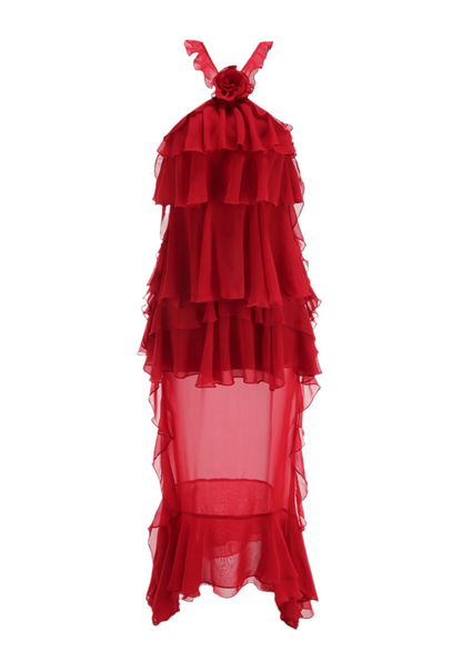 Bedelia Floral Halter Chiffon Ruffle Midi Dress Avalabel