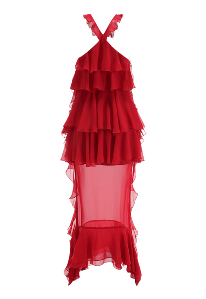 Bedelia Floral Halter Chiffon Ruffle Midi Dress Avalabel