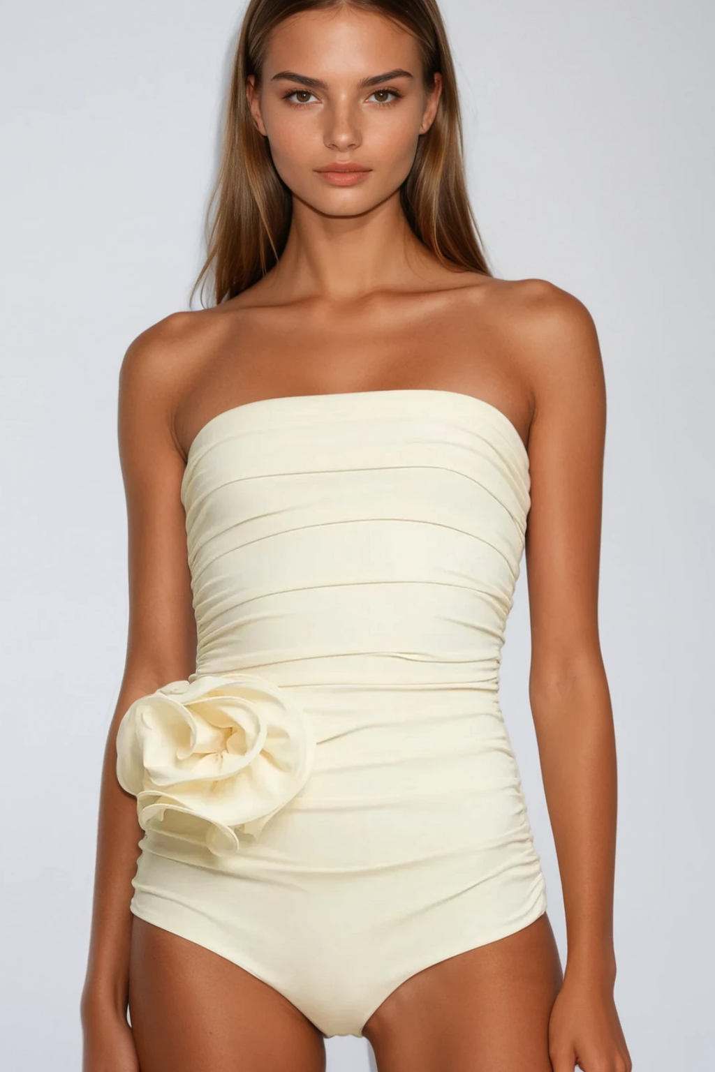 Nancy Ruched Flower One Piece Swimsuit In Cream Avalabel
