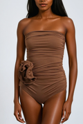 Nancy Ruched Flower One Piece Swimsuit In Mocha Mousse Avalabel