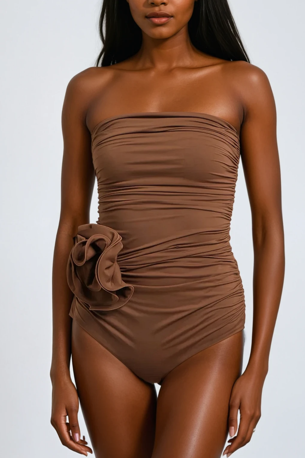 Nancy Ruched Flower One Piece Swimsuit In Mocha Mousse Avalabel