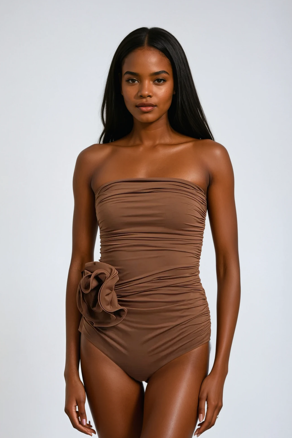 Nancy Ruched Flower One Piece Swimsuit In Mocha Mousse Avalabel