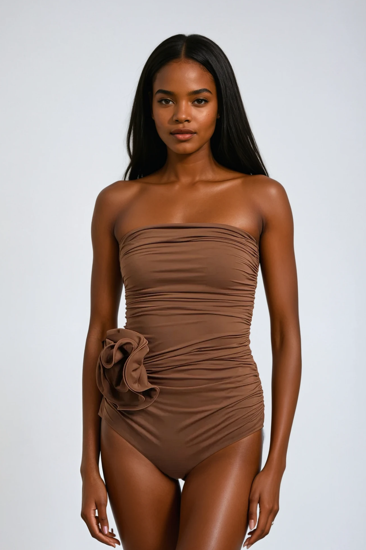 Nancy Ruched Flower One Piece Swimsuit In Mocha Mousse Avalabel