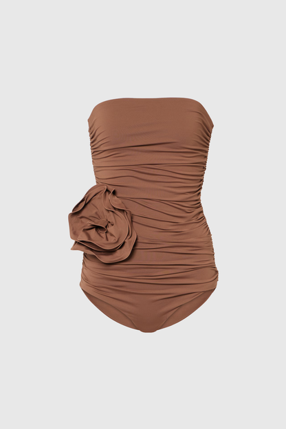 Nancy Ruched Flower One Piece Swimsuit In Mocha Mousse