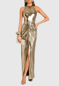 Berton Gold Halter Ruched Backless Split Maxi dress Avalabel