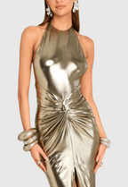 Berton Gold Halter Ruched Backless Split Maxi dress Avalabel