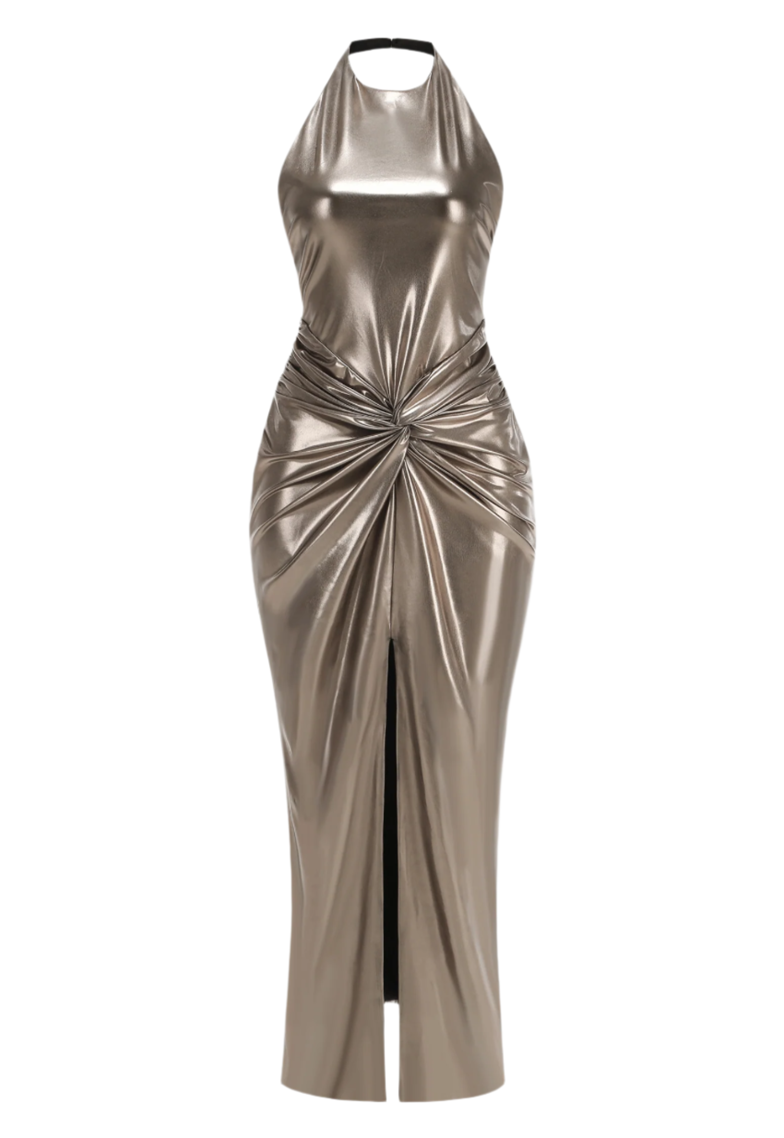 Berton Gold Halter Ruched Backless Split Maxi dress Avalabel
