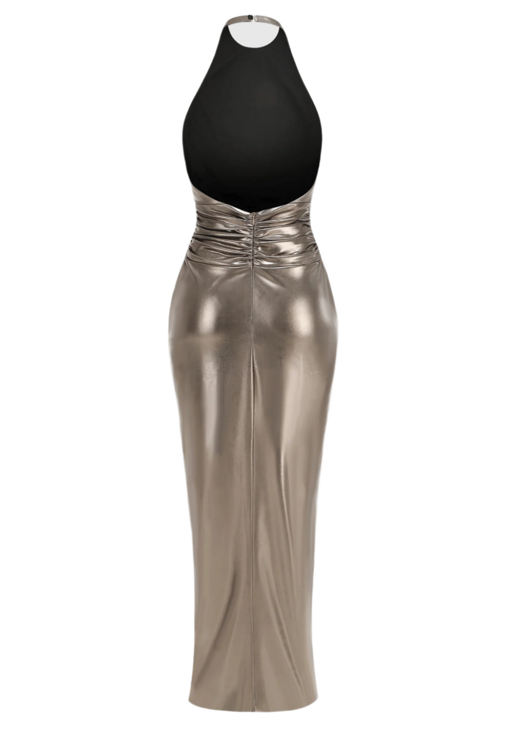 Berton Gold Halter Ruched Backless Split Maxi dress Avalabel