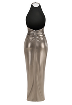 Berton Gold Halter Ruched Backless Split Maxi dress Avalabel