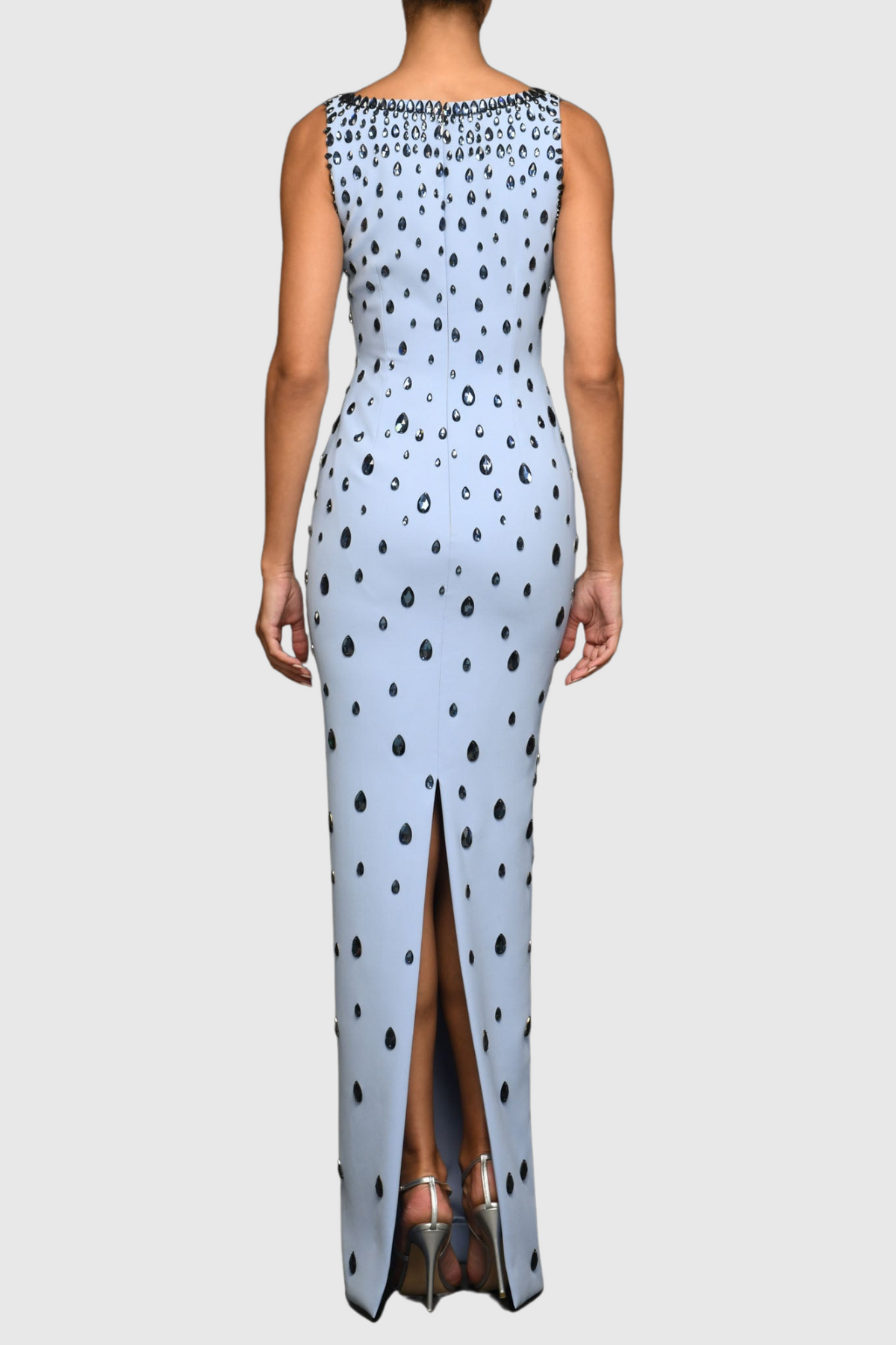 Crepe Raindrops Embroidery Maxi Dress In Blue Avalabel