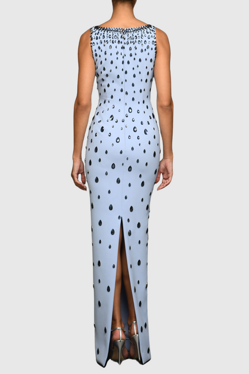 Crepe Raindrops Embroidery Maxi Dress In Blue Avalabel