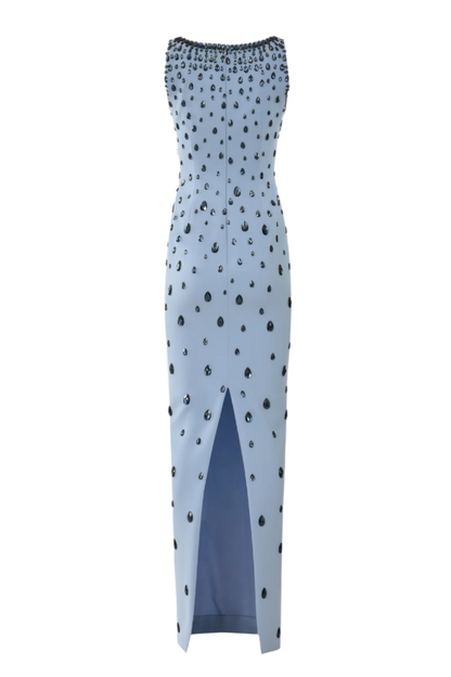 Crepe Raindrops Embroidery Maxi Dress In Blue