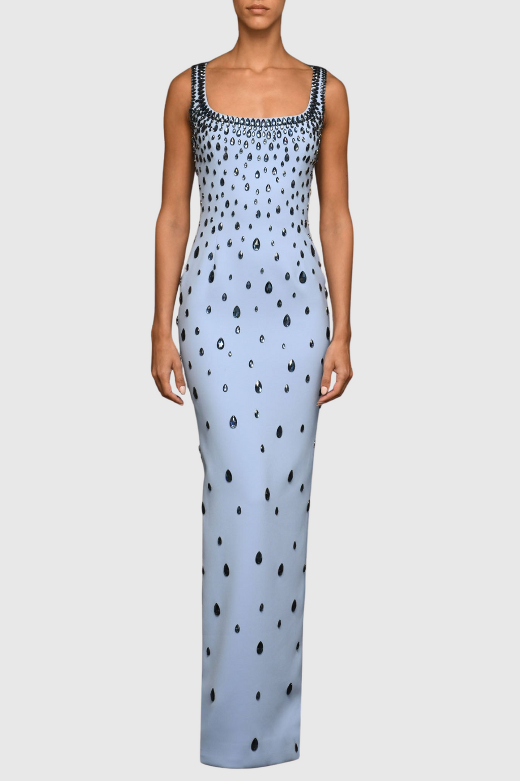 Crepe Raindrops Embroidery Maxi Dress In Blue Avalabel