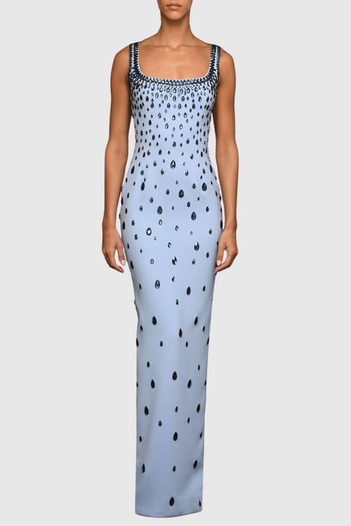 Crepe Raindrops Embroidery Maxi Dress In Blue Avalabel