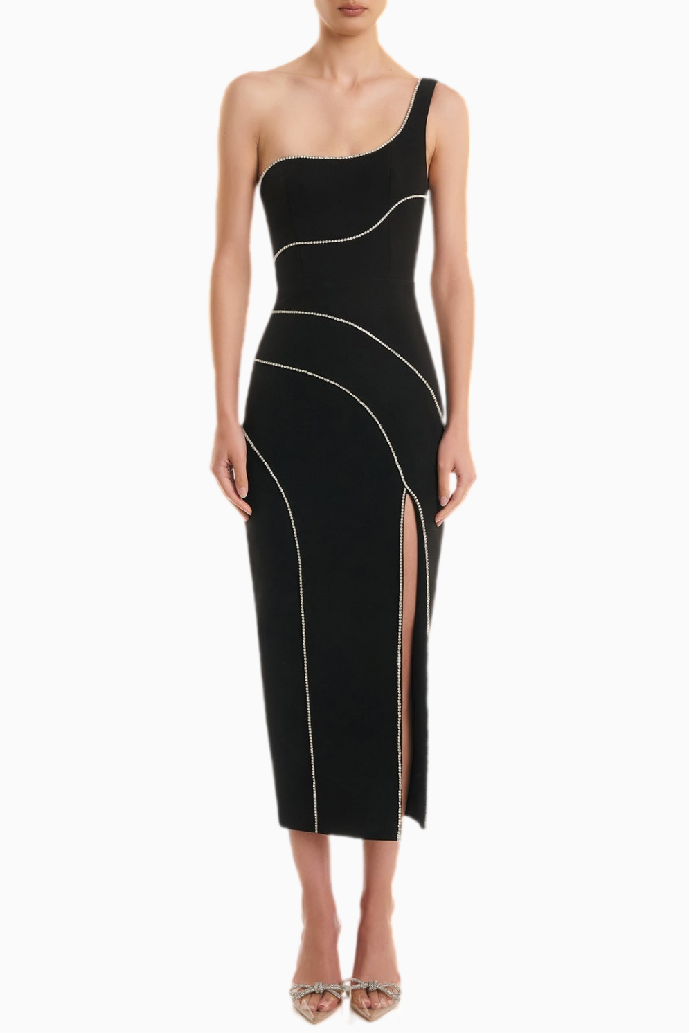 Zoraida Diamante One Shoulder Split Midi Bandage Dress Avalabel