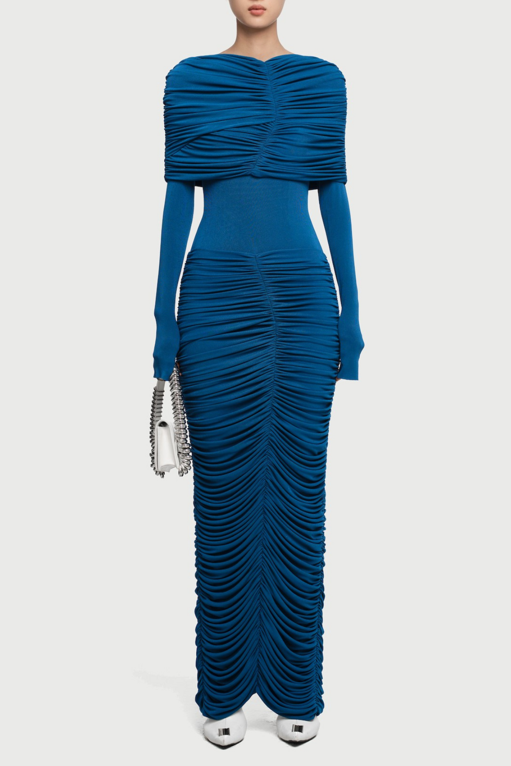 alice navy pleated Form-fitting maxi dress with asymmetrical draped shoulder Avalabel