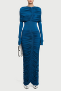 alice navy pleated Form-fitting maxi dress with asymmetrical draped shoulder Avalabel