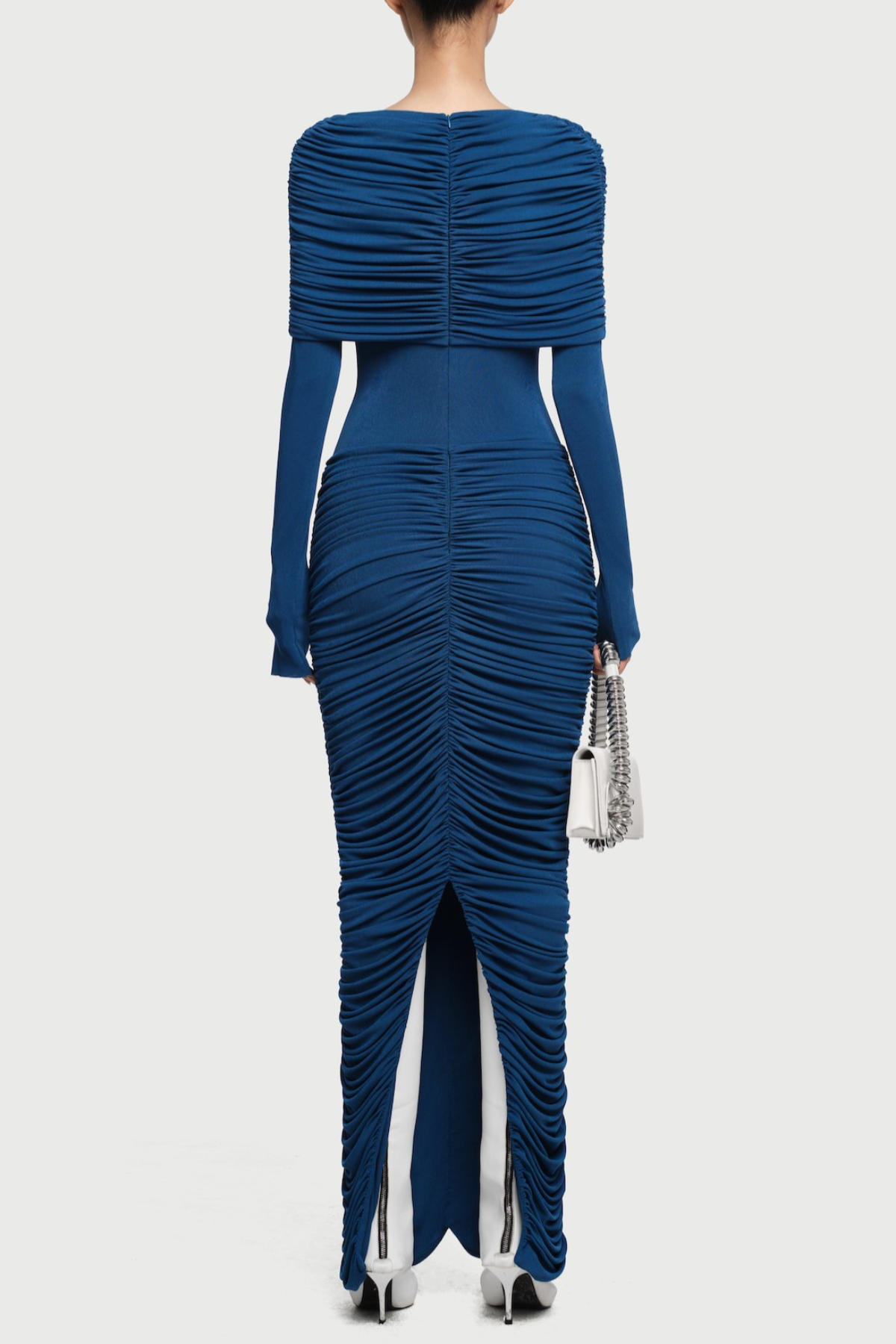 alice navy pleated Form-fitting maxi dress with asymmetrical draped shoulder Avalabel