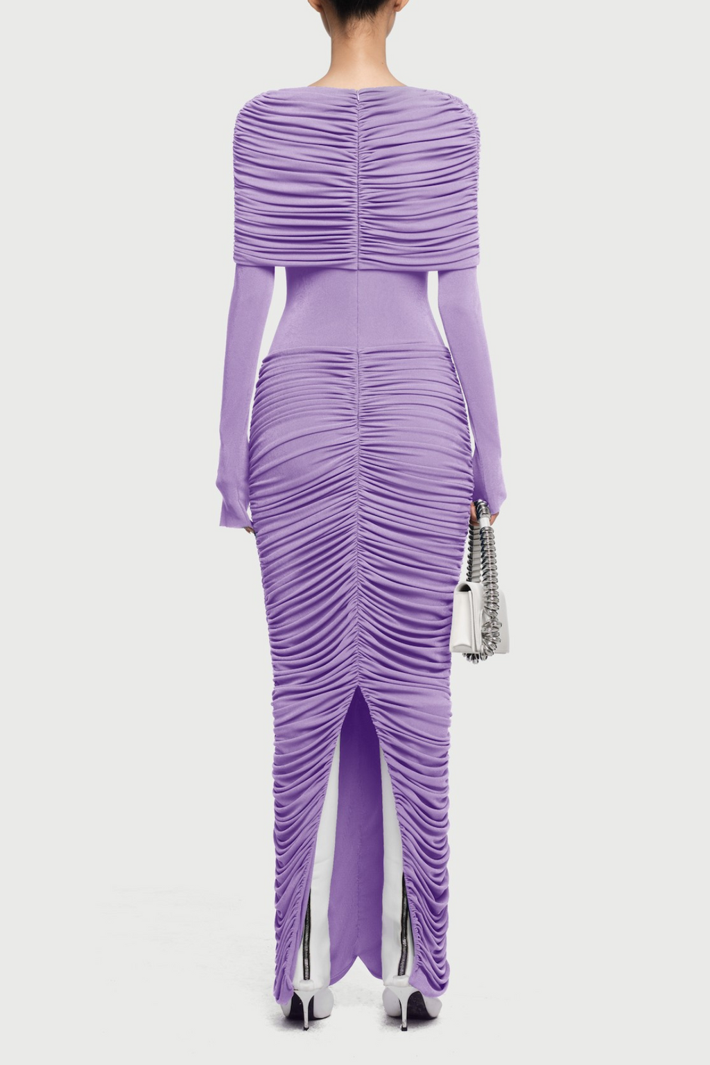 alice purple pleated Form-fitting maxi dress with asymmetrical draped shoulder Avalabel