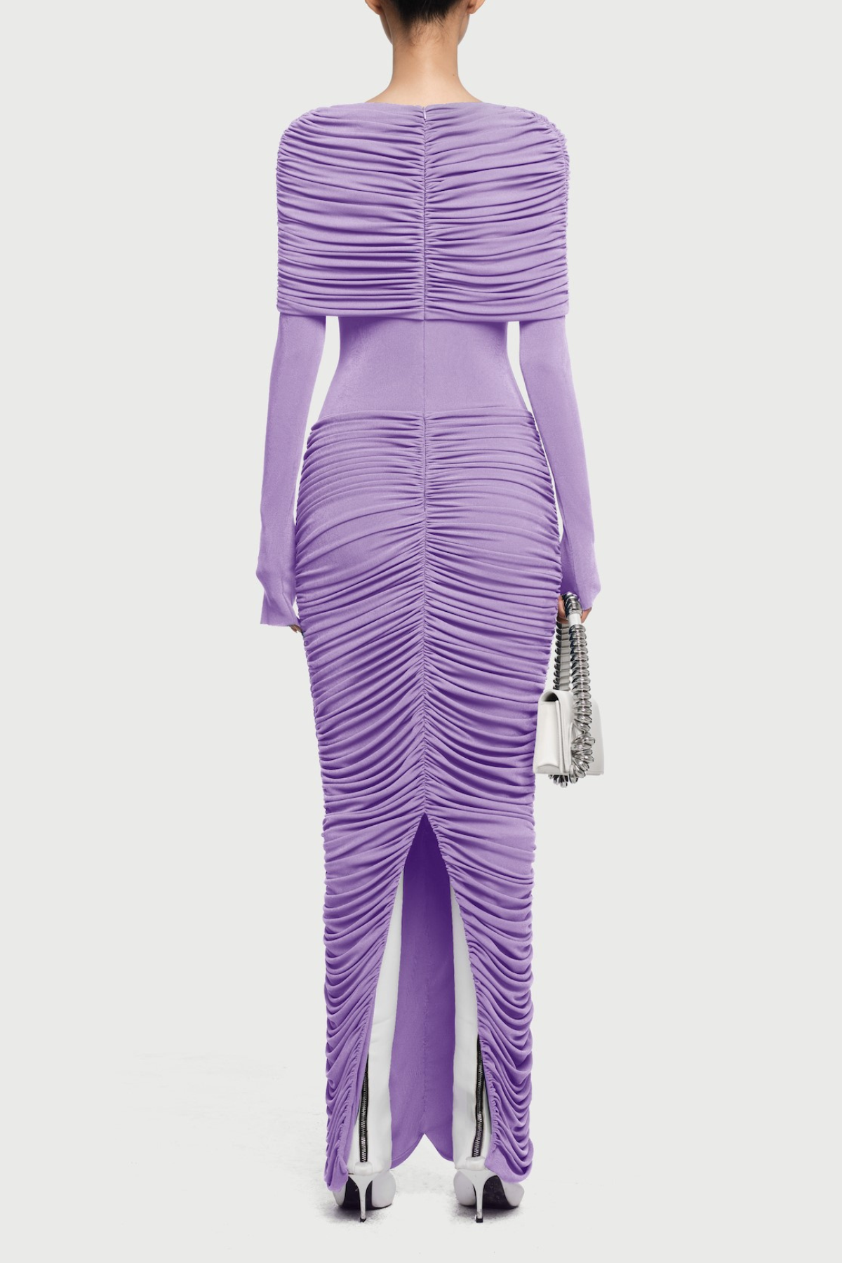 alice purple pleated Form-fitting maxi dress with asymmetrical draped shoulder Avalabel