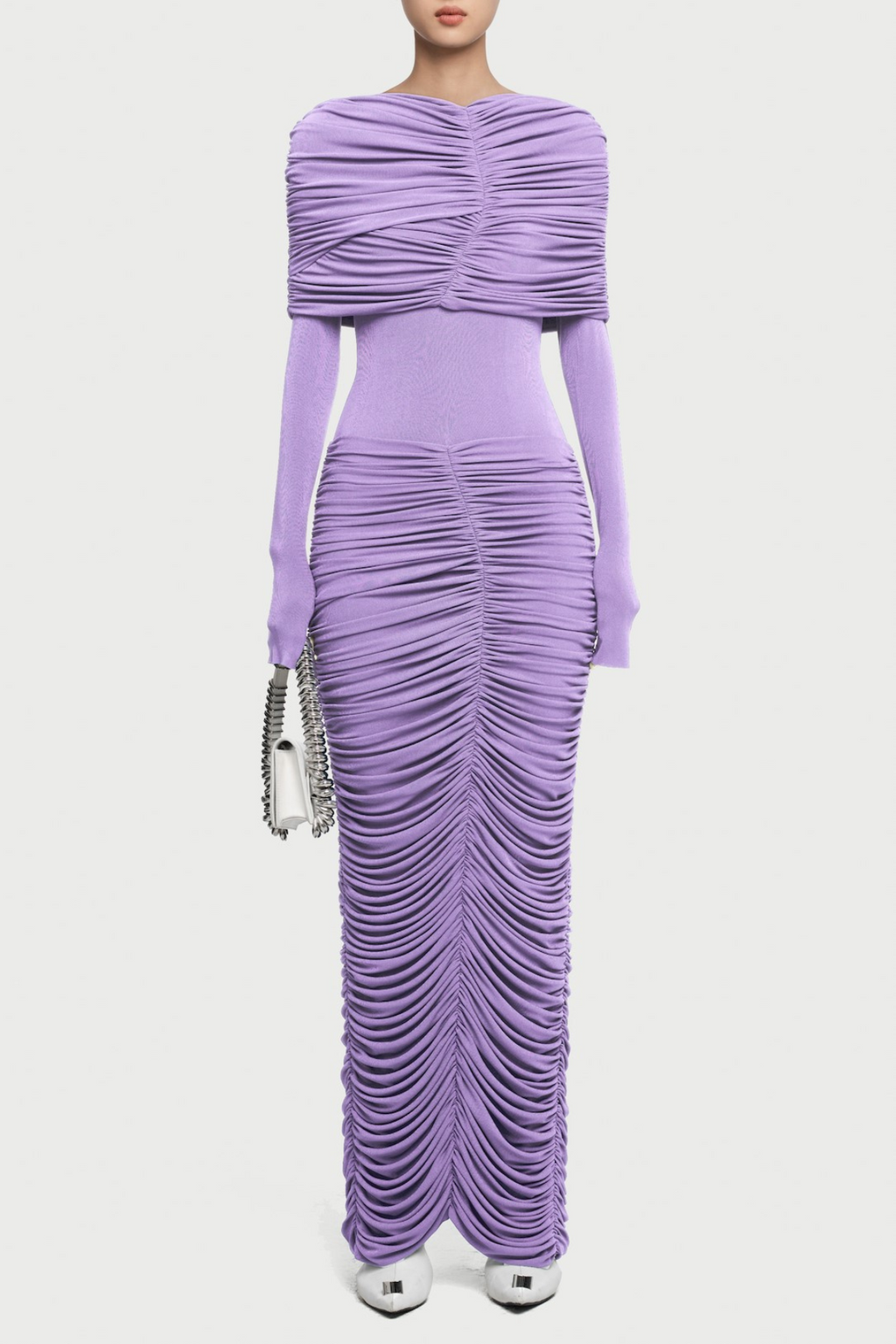 alice purple pleated Form-fitting maxi dress with asymmetrical draped shoulder Avalabel
