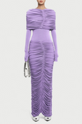 alice purple pleated Form-fitting maxi dress with asymmetrical draped shoulder Avalabel
