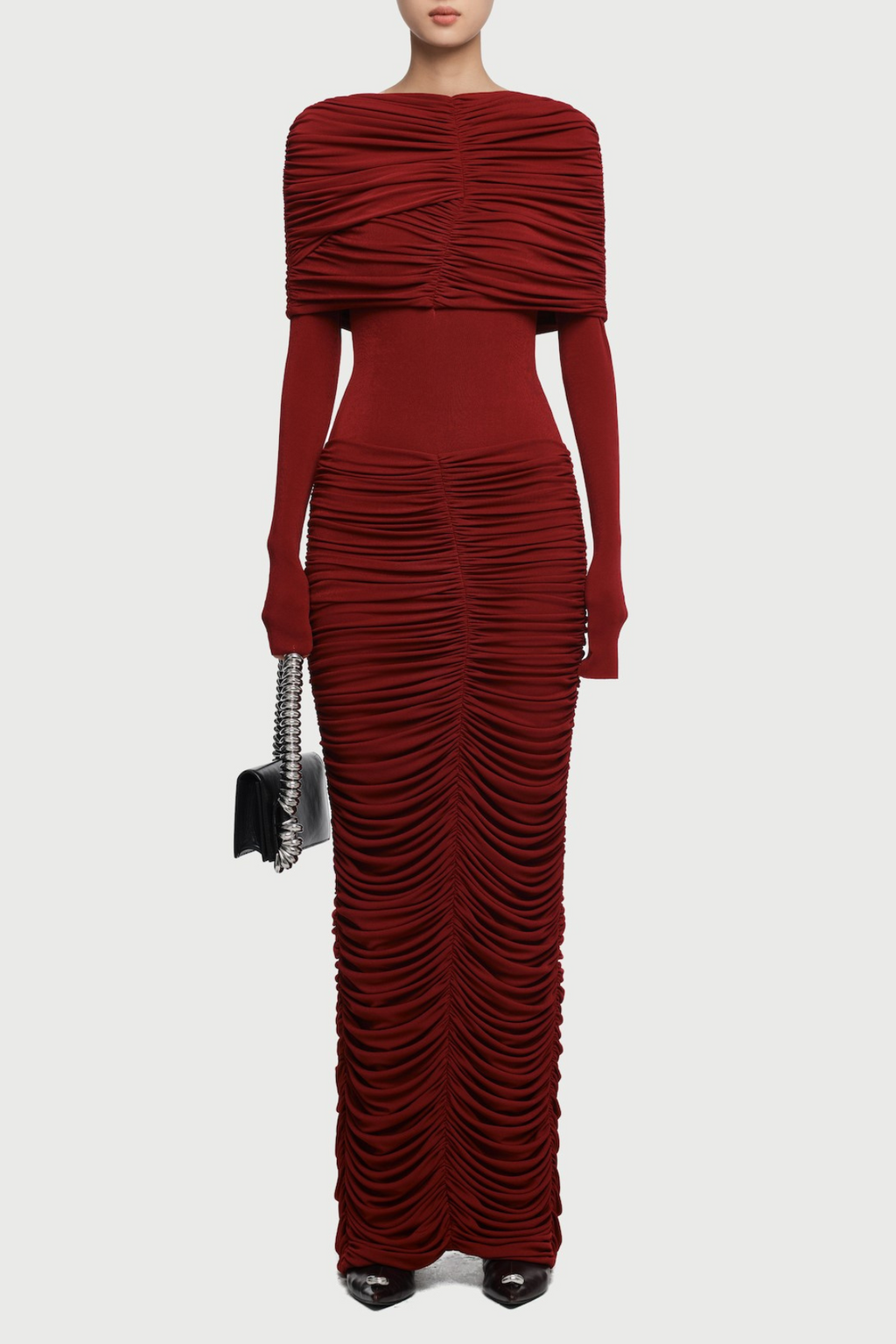 alice red pleated Form-fitting maxi dress with asymmetrical draped shoulder Avalabel