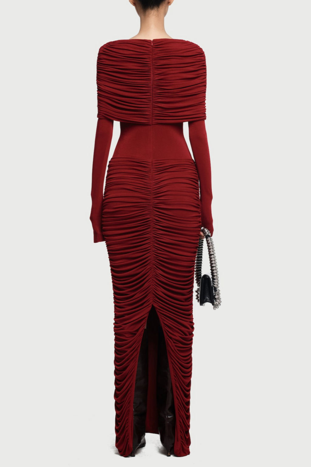 alice red pleated Form-fitting maxi dress with asymmetrical draped shoulder Avalabel