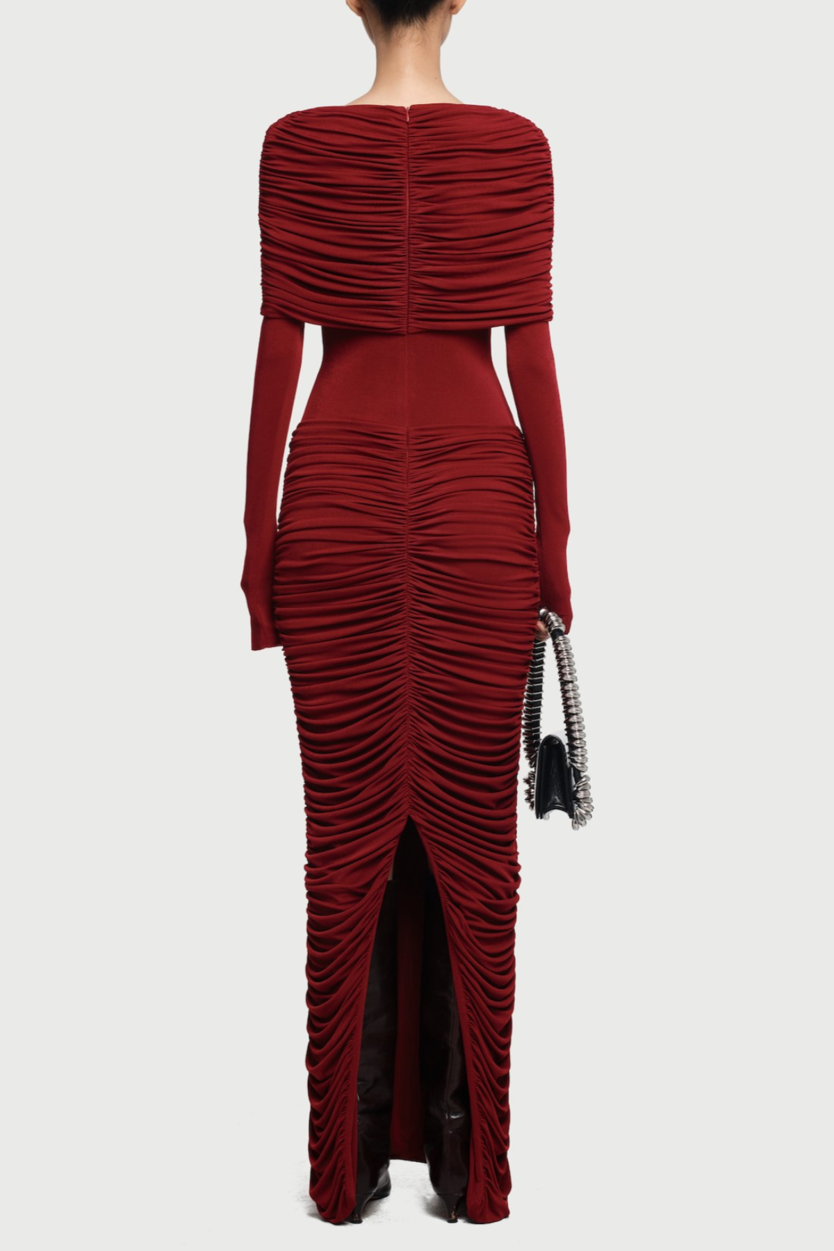 alice red pleated Form-fitting maxi dress with asymmetrical draped shoulder Avalabel