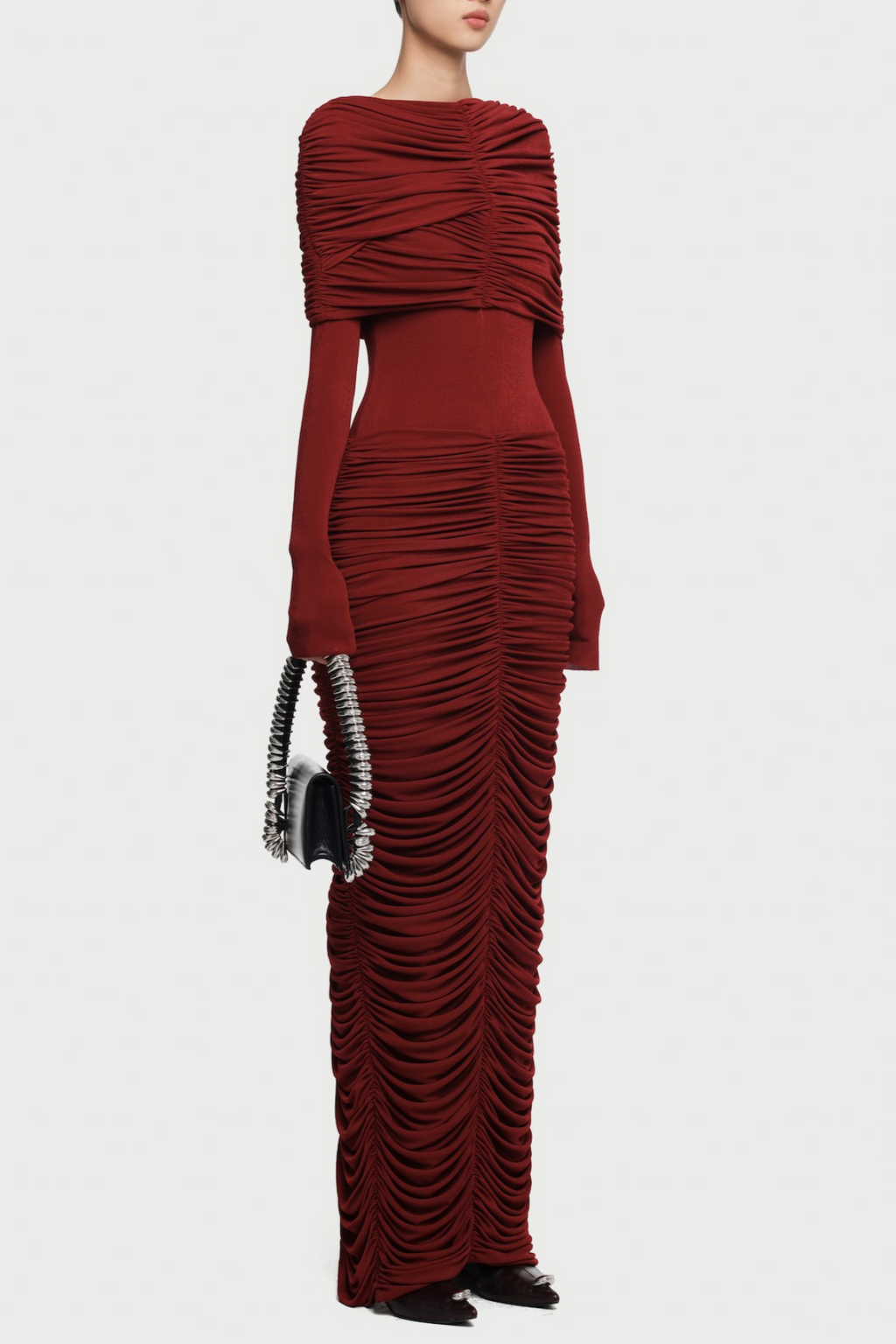 alice red pleated Form-fitting maxi dress with asymmetrical draped shoulder Avalabel
