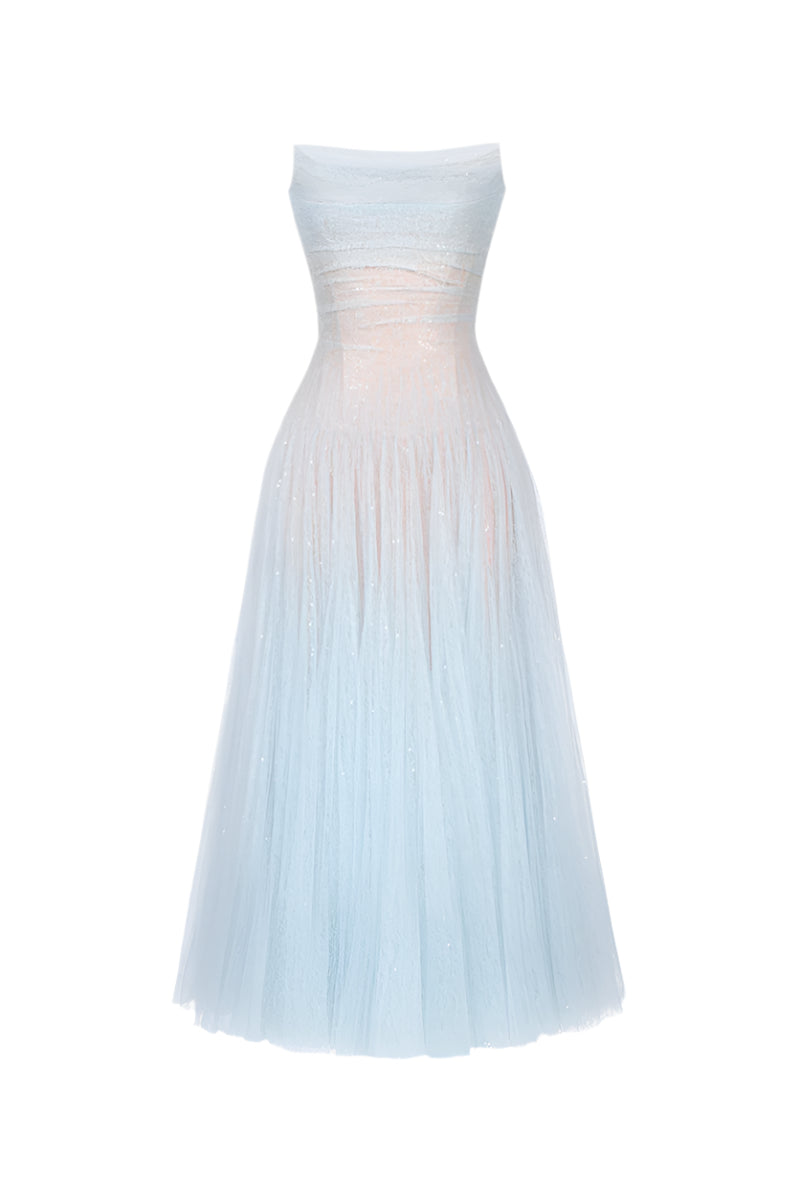 BLUE DRAPED LACE MIDI DRESS Avalabel