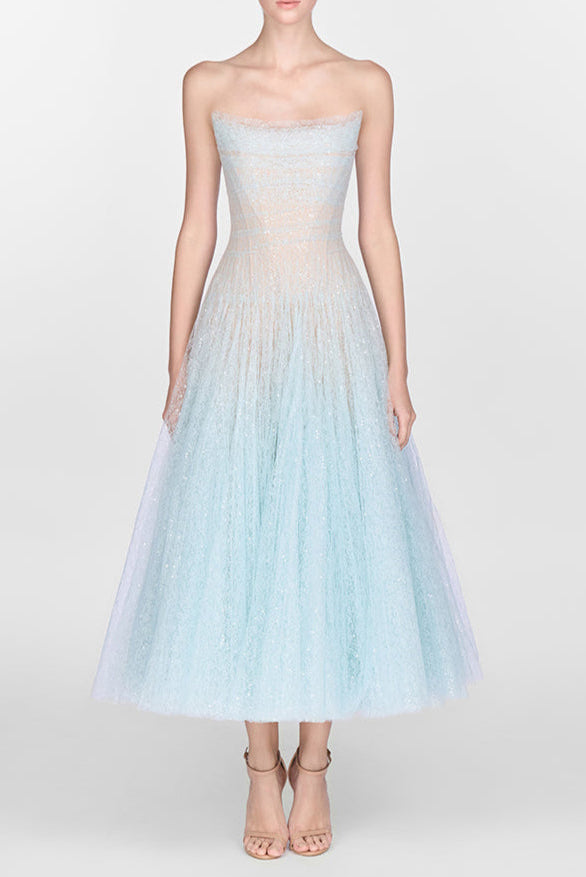 BLUE DRAPED LACE MIDI DRESS Avalabel