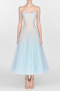 BLUE DRAPED LACE MIDI DRESS Avalabel
