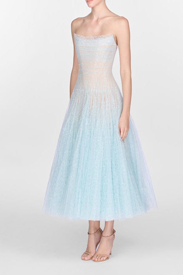 BLUE DRAPED LACE MIDI DRESS Avalabel