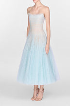 BLUE DRAPED LACE MIDI DRESS Avalabel