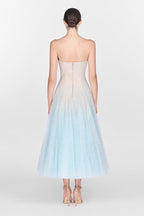 BLUE DRAPED LACE MIDI DRESS Avalabel