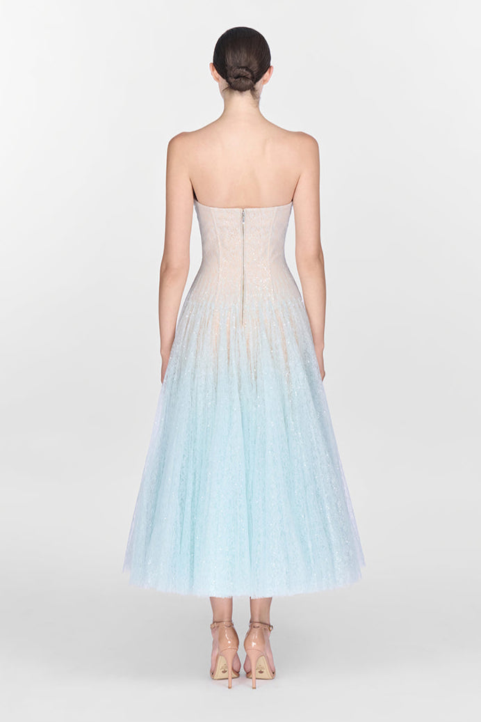 BLUE DRAPED LACE MIDI DRESS Avalabel