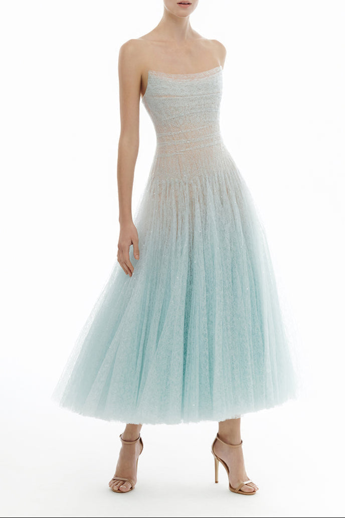 BLUE DRAPED LACE MIDI DRESS Avalabel