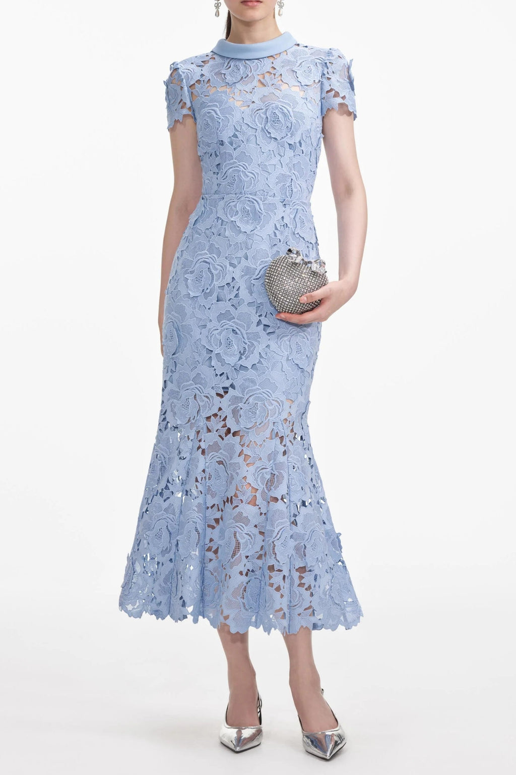 Blue Flower Lace Contrast Collar Midi Dress Avalabel