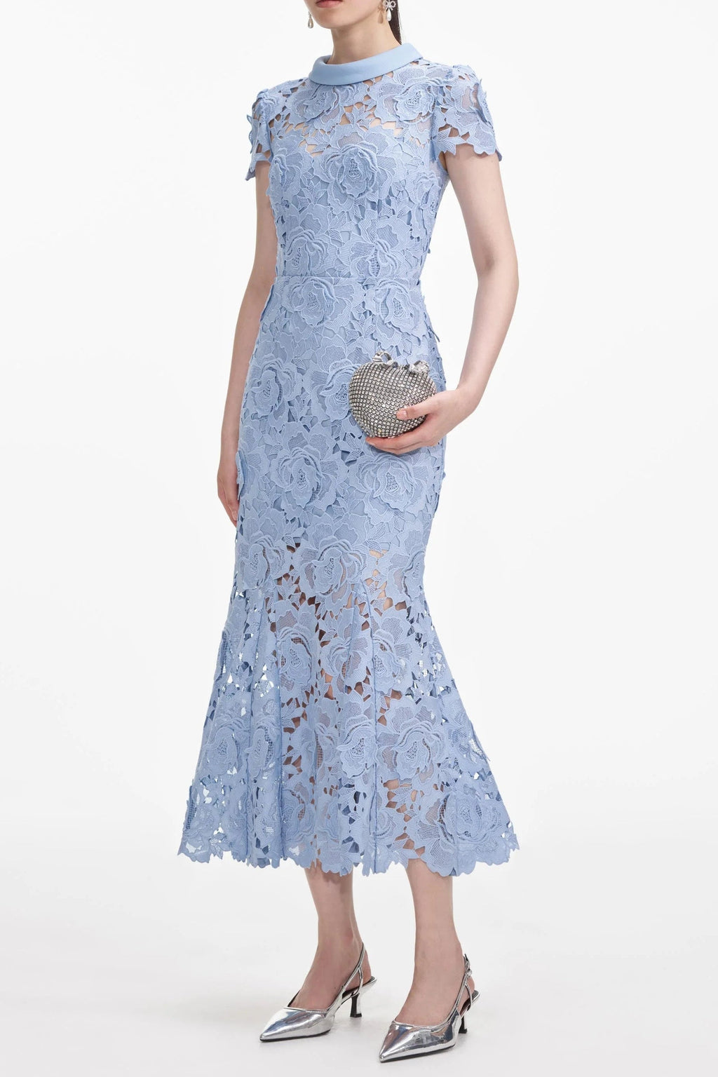 Blue Flower Lace Contrast Collar Midi Dress Avalabel