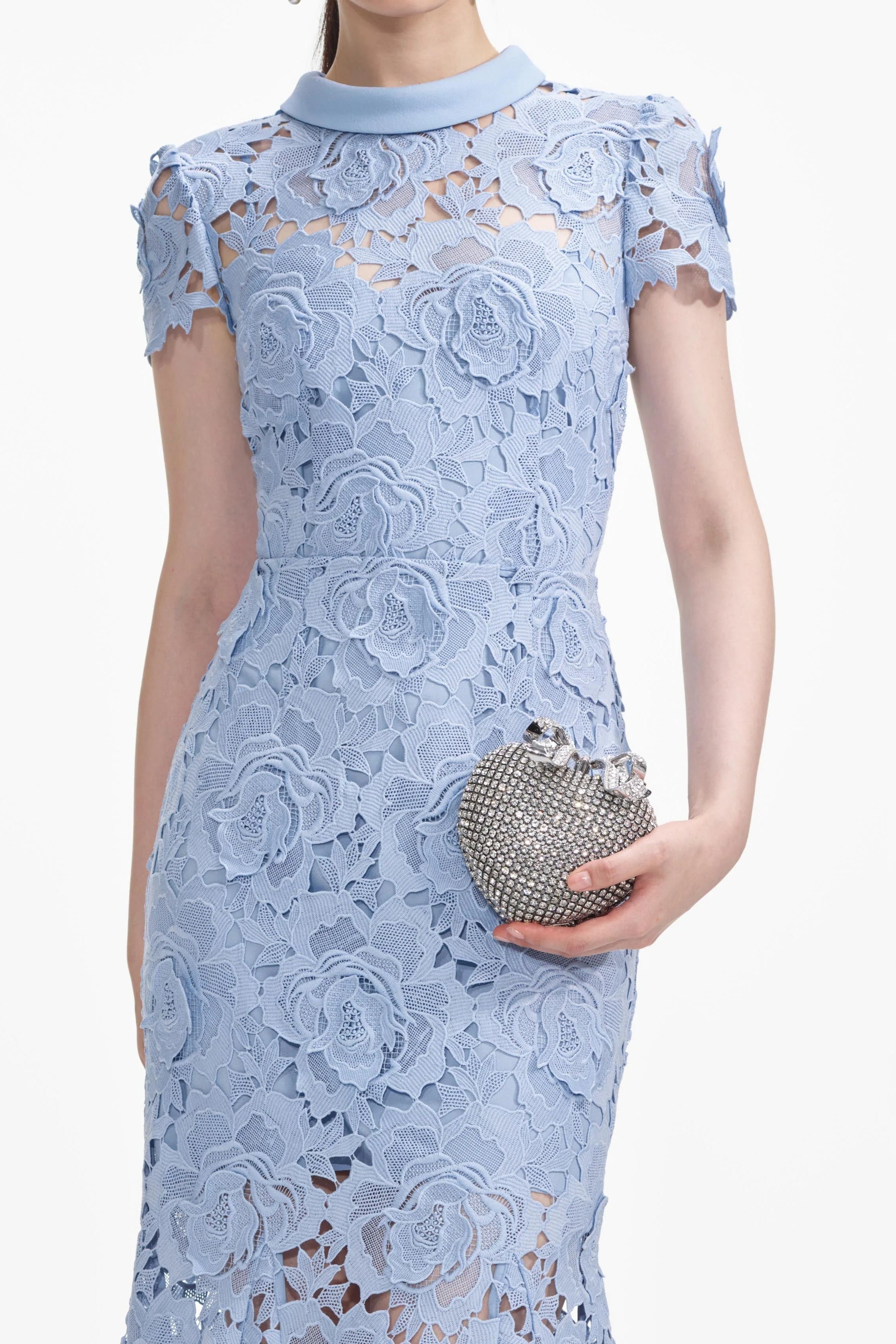 Blue Flower Lace Contrast Collar Midi Dress Avalabel