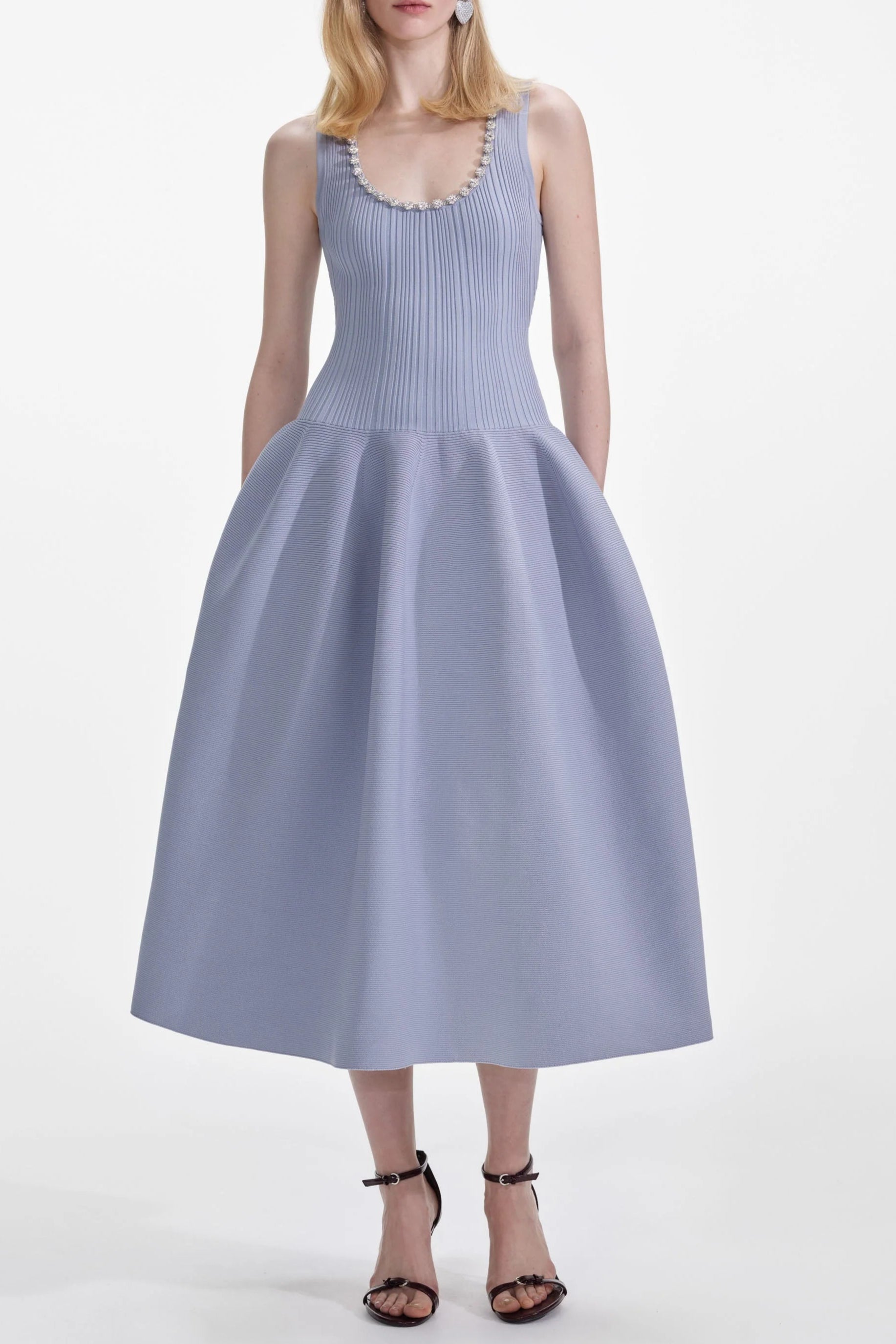 Blue Ribbed Knit Diamante Midi Dress Avalabel