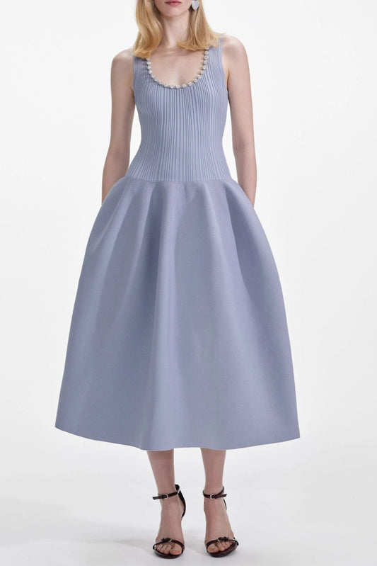 Blue Ribbed Knit Diamante Midi Dress