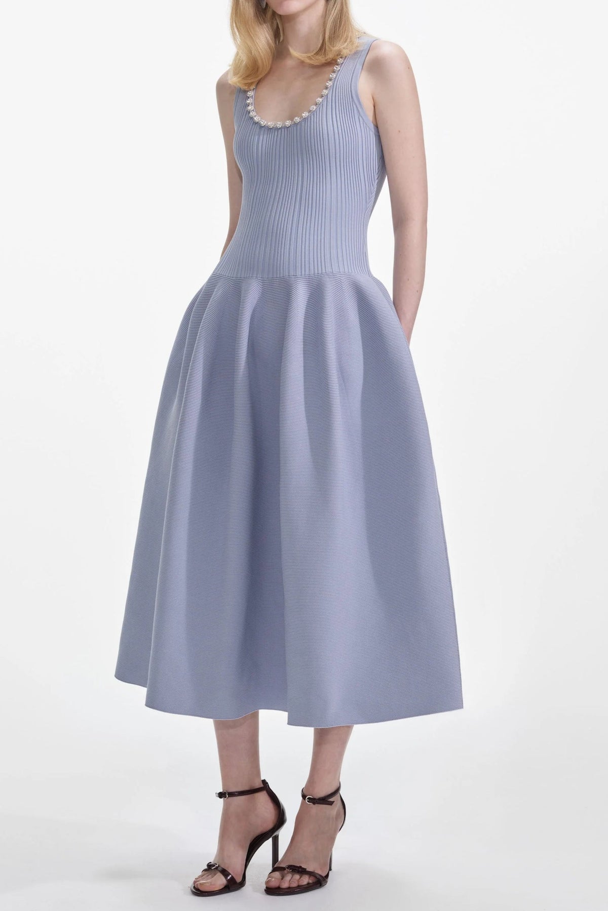Blue Ribbed Knit Diamante Midi Dress Avalabel