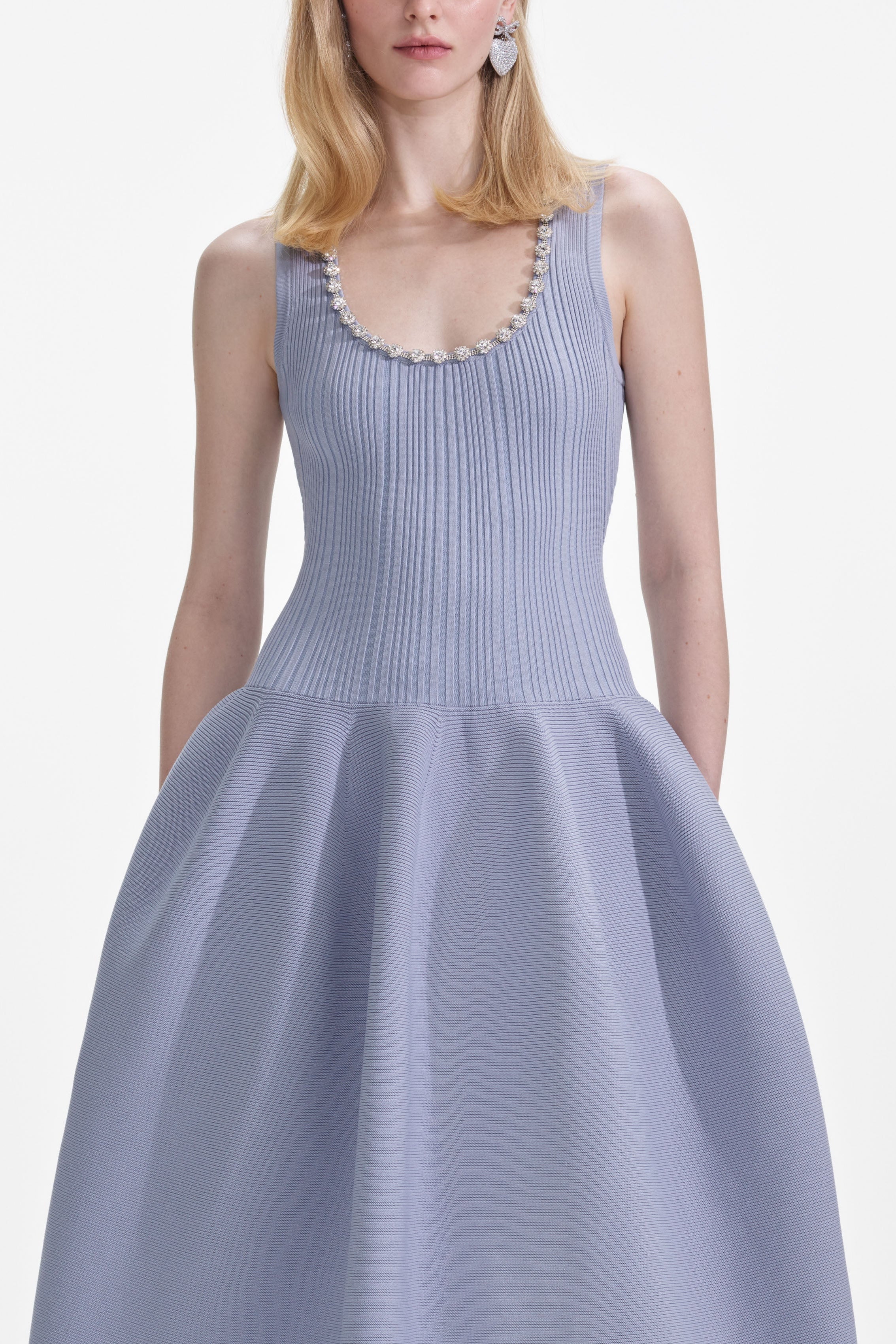 Blue Ribbed Knit Diamante Midi Dress Avalabel