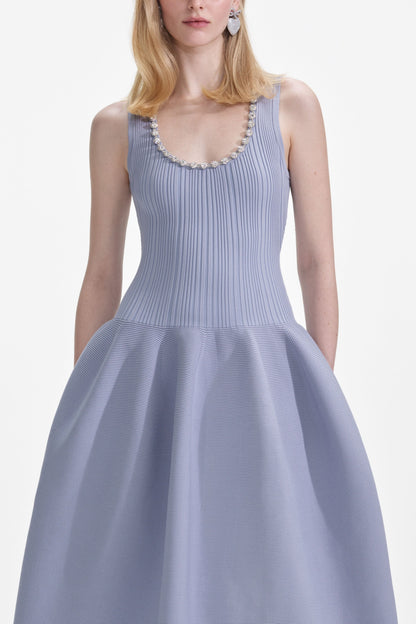 Blue Ribbed Knit Diamante Midi Dress