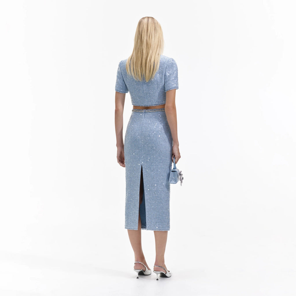 BLUE SEQUIN BOUCLE CROP TOP Avalabel
