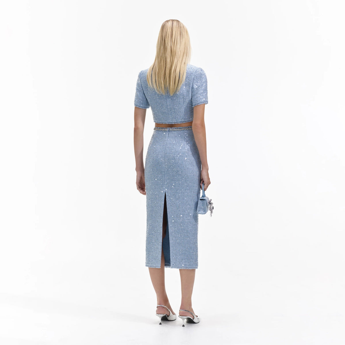 BLUE SEQUIN BOUCLE CROP TOP Avalabel